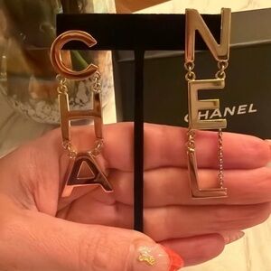 CHANEL Gold Letter Drop Earrings